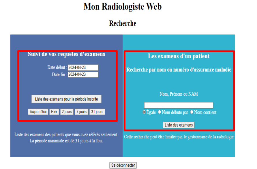 Portail de recherche d'examens de CyberpacsWeb.